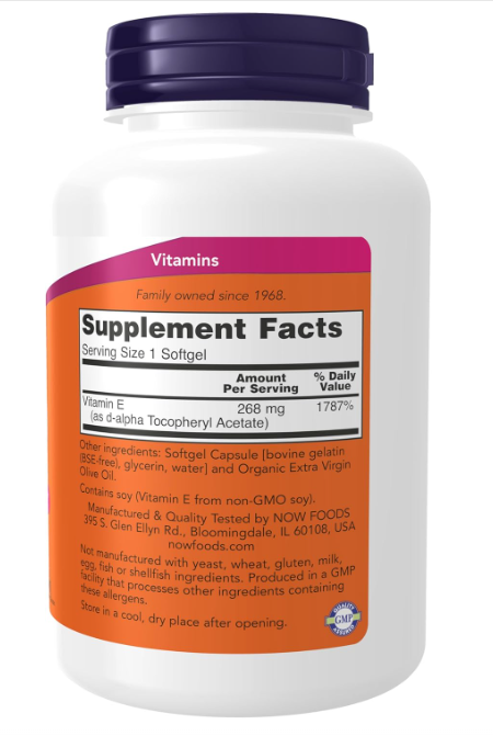 NOW Foods Vitamin E-400 IU 250 softgels supplement facts, ingredients, and suggested use information.