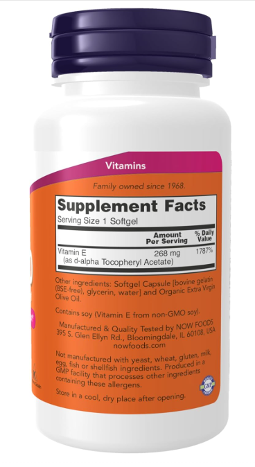 NOW Foods Vitamin E-400 IU supplement facts panel and directions for use on 100 softgels bottle.