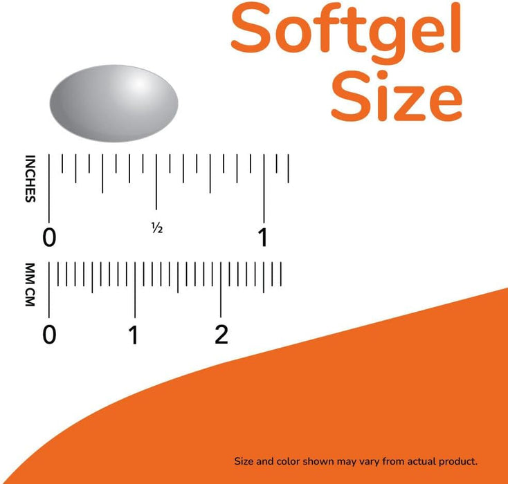 NOW Foods Vitamin E-400 IU softgel size comparison chart showing capsule dimensions in inches and millimeters.