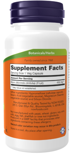 NOW Foods Noni 450 mg supplement facts and ingredient label