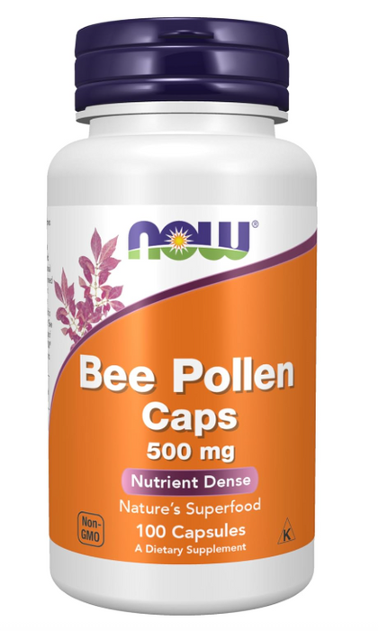 NOW Foods Bee Pollen 500 mg vegetarian capsules bottle front label