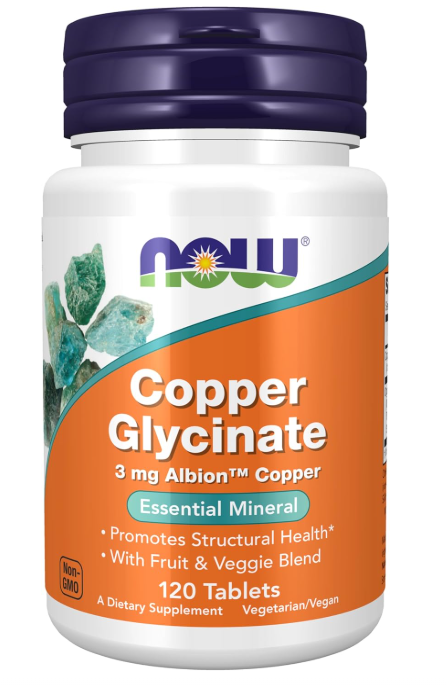 NOW Foods Copper Glycinate 3 mg vegetarian capsules bottle front label 120 Tablets