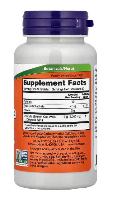 NOW Foods chlorella 1000 mg 120 tablets supplement facts label