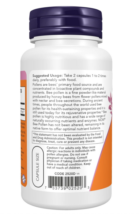 NOW Foods Bee Pollen 500 mg veg capsules close-up