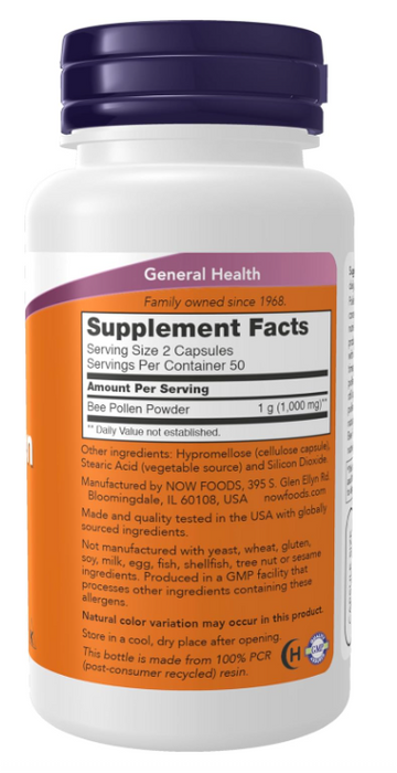 NOW Foods Bee Pollen supplement facts and directions panel