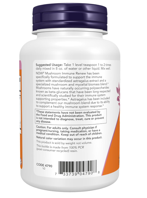 NOW Foods Mushroom Immune Renew Powder 3.5 oz supplement facts label showing mushroom blend and astragalus extract per serving