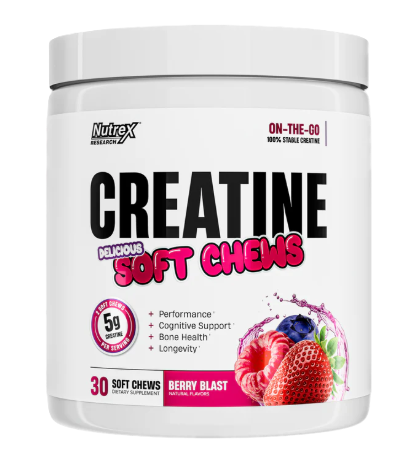Nutrex Essentials Creatine Soft Chews Berry Blast 30 count front label featuring creatine monohydrate soft chews for strength, power, muscle performance, and workout support.