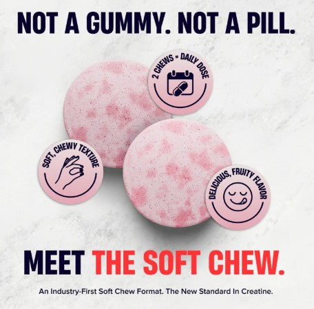 Nutrex Essentials Creatine Soft Chew comparison image featuring pink Berry Blast soft chews with callouts highlighting soft chewy texture, delicious fruity flavor, and convenient daily creatine dosage. Promotional graphic stating "Not a Gummy. Not a Pill. Meet the Soft Chew."