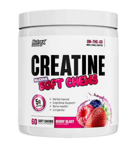 Nutrex Essentials Creatine Soft Chews Berry Blast 60 count front label featuring creatine monohydrate soft chews designed to support strength, power output, and athletic performance.