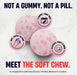 Nutrex Essentials Creatine Soft Chew comparison image featuring pink Berry Blast soft chews with callouts highlighting soft chewy texture, delicious fruity flavor, and convenient daily creatine dosage. Promotional graphic stating "Not a Gummy. Not a Pill. Meet the Soft Chew."