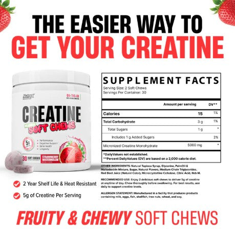Nutrex Essentials Creatine Soft Chews Berry Blast 60 count supplement facts panel showing serving information, ingredient list, nutrition facts, and creatine dosage details.