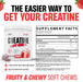 Nutrex Essentials Creatine Soft Chews Berry Blast 60 count supplement facts panel showing serving information, ingredient list, nutrition facts, and creatine dosage details.