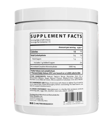 Nutrex Essentials Creatine Soft Chews Berry Blast 30 count supplement facts panel displaying serving size, ingredients, nutrition information, and creatine content.