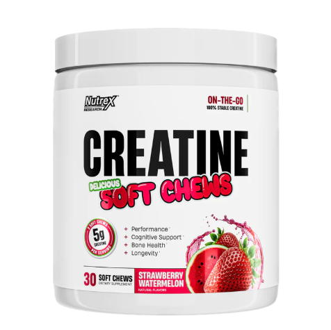 Nutrex Essentials Creatine Soft Chews Strawberry Watermelon 30 count front label showcasing convenient creatine monohydrate soft chews for athletes and fitness enthusiasts.