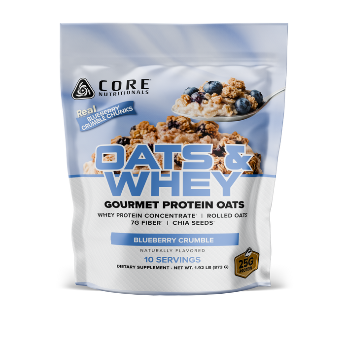 Core Nutritionals Oats & Whey Blueberry Crumble protein oats bag front