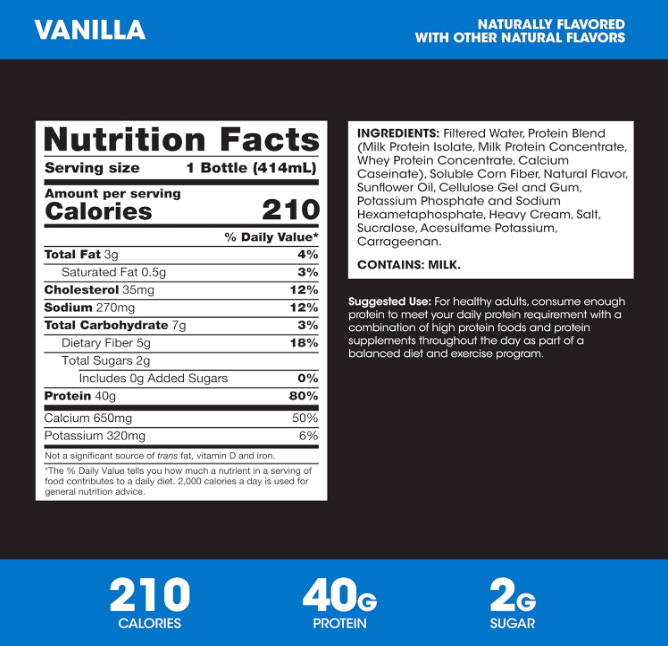 Optimum Nutrition Vanilla 40g Protein Shake RTD supplement label showing nutrition facts and ingredients