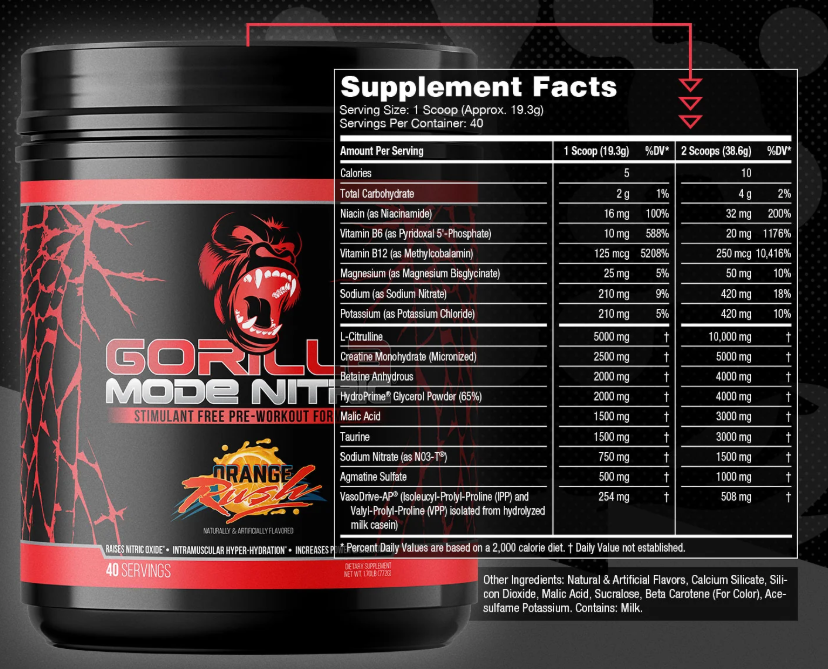 Gorilla Mind Gorilla Mode Nitric Orange Rush Supplement Facts and Ingredients Label | TigerFitness