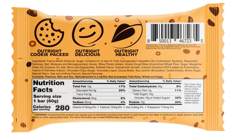 Outright Bar® Real Whole Food Protein Bar Nutrition Facts Cookie Dough - MTS Nutrition - Tiger Fitness