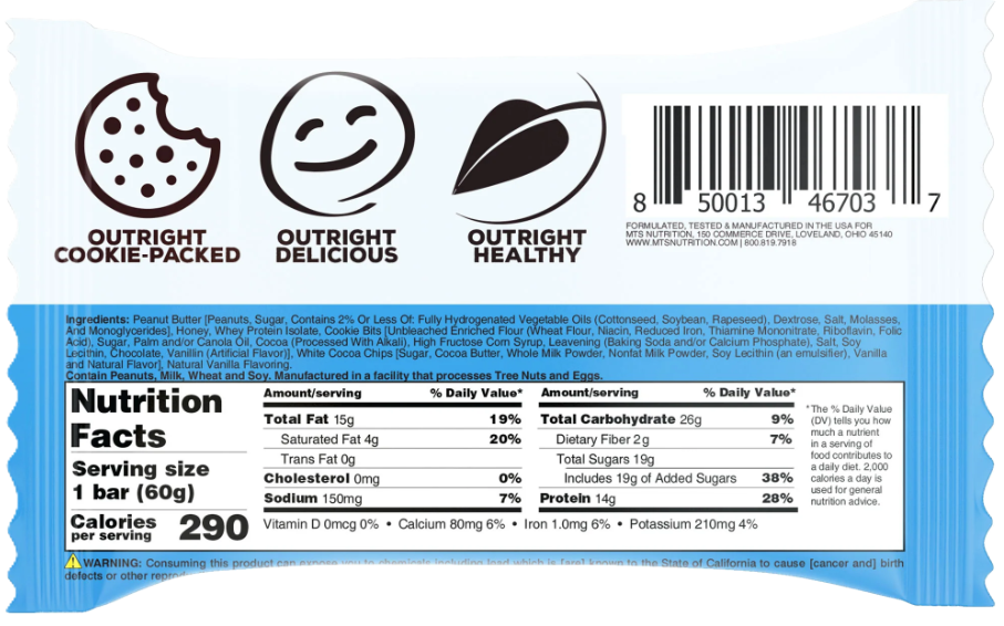 Outright Bar® Real Whole Food Protein Bar Nutrition Facts Cookies & Cream - MTS Nutrition - Tiger Fitness