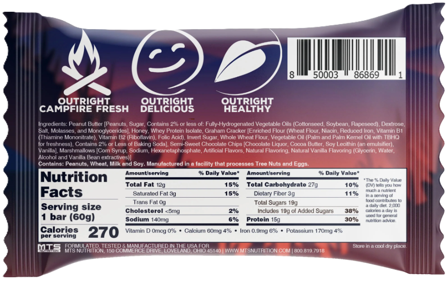 Outright Bar® Real Whole Food Protein Bar Nutrition Facts Campfire S'mores - MTS Nutrition - Tiger Fitness