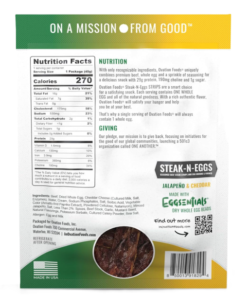 Ovation Foods Steak-N-Eggs Jalapeno & Cheddar nutrition facts, ingredients, and directions
