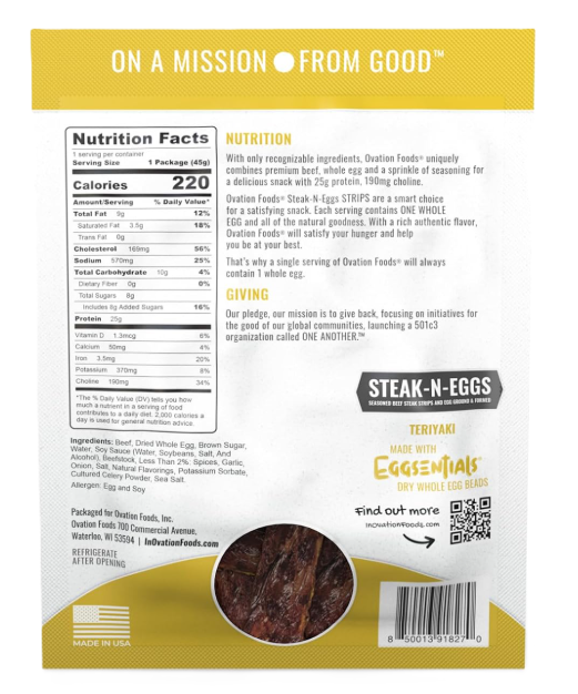 Ovation Foods Steak-N-Eggs Teriyaki nutrition facts, ingredients, and directions