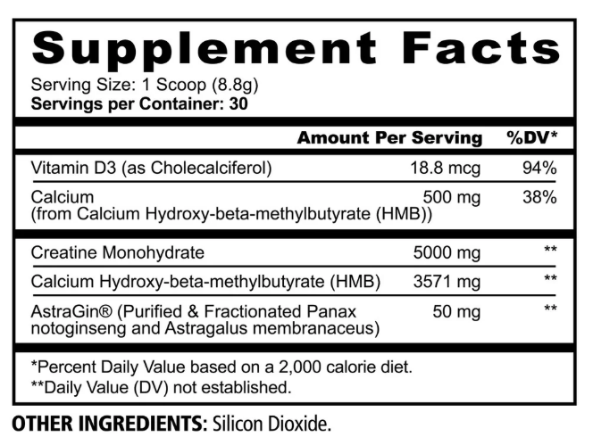 PANDA Creatine plus HMB supplement facts and directions label