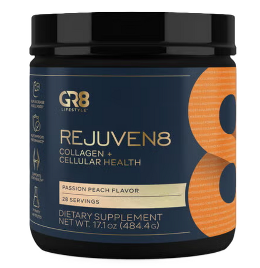 GR8 Lifestyle Rejuven8 Front Label – Recovery, Wellness & Anti-Aging Support Supplement
