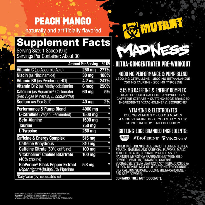 Supplement Facts Peach Mango – MUTANT Madness Ingredients – TigerFitness
