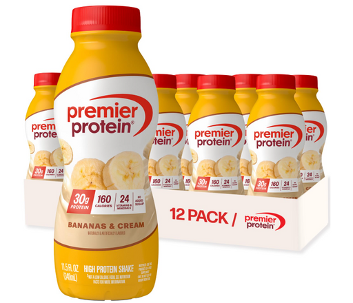 Premier Protein bananas and cream RTD shake high protein recovery and meal replacement