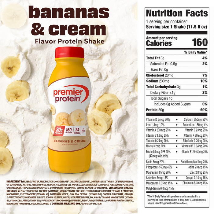 Premier Protein bananas and cream RTD shake high protein recovery and meal replacement Nutrition Facts
