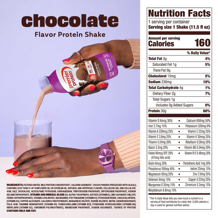 Premier Protein chocolate RTD shake 30g protein low sugar ready to drink nutrition facts 