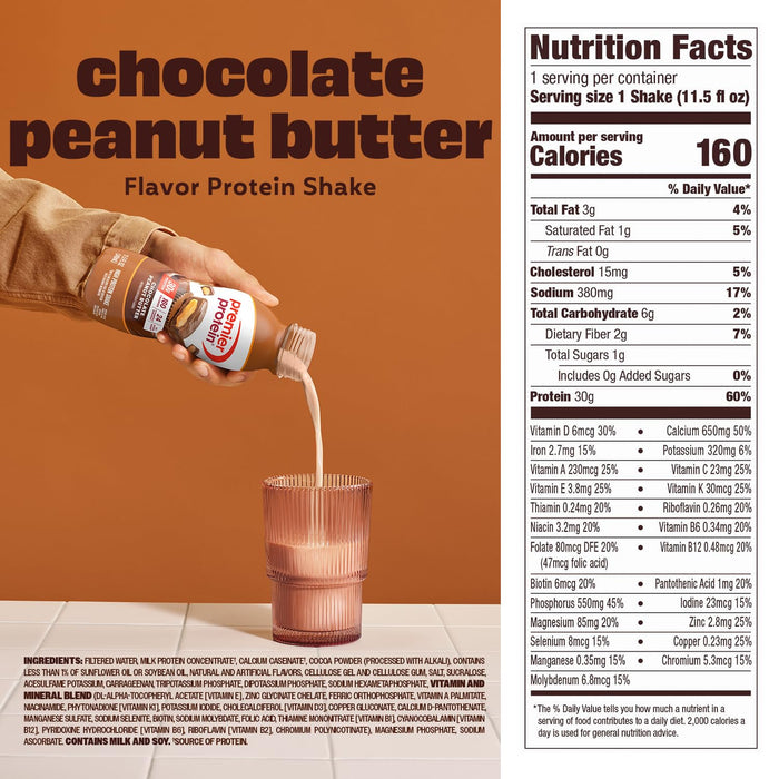 Premier Protein chocolate peanut butter RTD shake high protein low sugar performance drink Nutrition Facts
