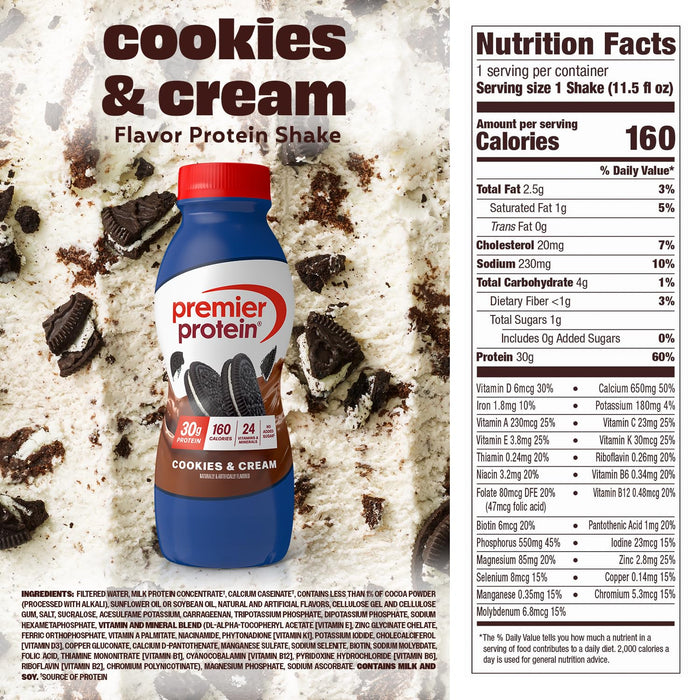 Premier Protein cookies and cream RTD shake 30g protein convenient nutrition drink Nutrition Facts