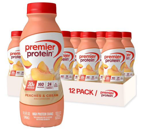 Premier Protein peaches and cream RTD shake 30g protein low sugar nutrition drink