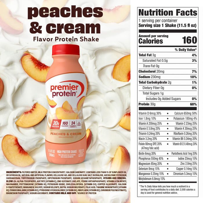 Premier Protein peaches and cream RTD shake 30g protein low sugar nutrition facts 
