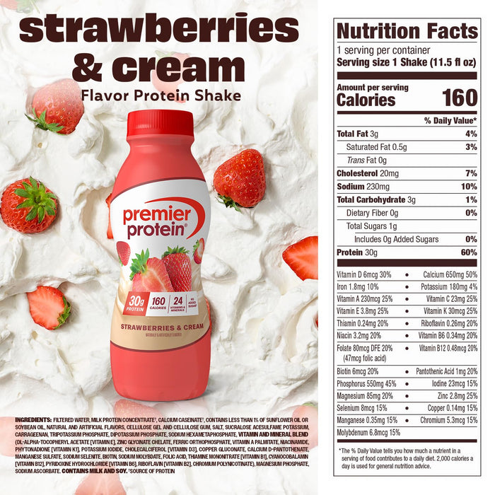 Premier Protein strawberries and cream RTD shake 30g protein for recovery and nutrition facts