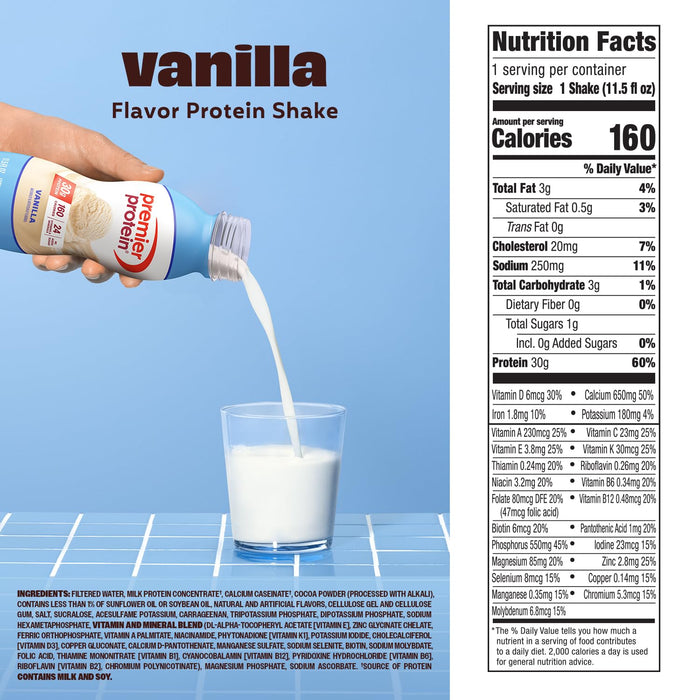 Premier Protein vanilla RTD shake high protein low sugar meal replacement drink Nutrition Facts 