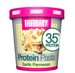 Legendary Foods Protein+ Pasta Garlic Parmesan flavor package front featuring high-protein pasta for meal prep, active lifestyles, and protein-focused nutrition