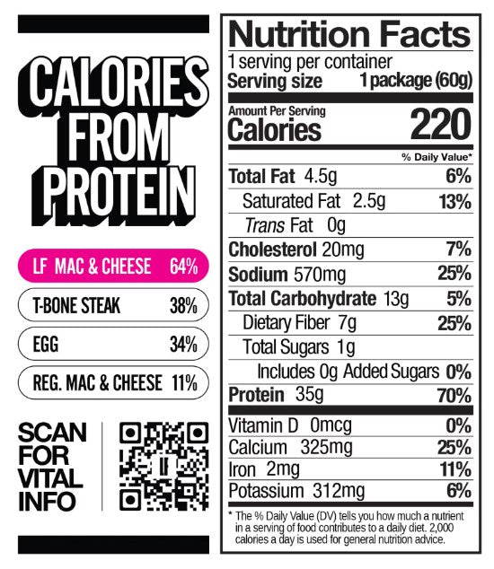 Legendary Foods Protein+ Pasta Garlic Parmesan flavor nutrition facts panel, ingredients, cooking instructions, and product information on back of package