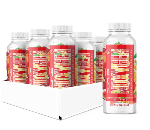Purus Labs Noxygen RTD Fruit Punch front label featuring a ready-to-drink nitric oxide and hydration beverage designed to support workout performance, endurance, and active lifestyles. 12 Pack