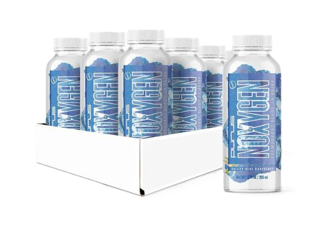 Purus Labs Noxygen RTD Galaxy Blue Raspberry front label featuring a ready-to-drink nitric oxide and hydration support beverage for athletes, fitness enthusiasts, and active individuals. 12 Pack