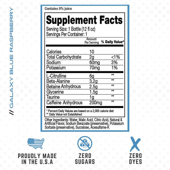 Purus Labs Noxygen RTD Galaxy Blue Raspberry nutrition facts and ingredient panel displaying serving size, performance-support ingredients, hydration information, and nutritional details.