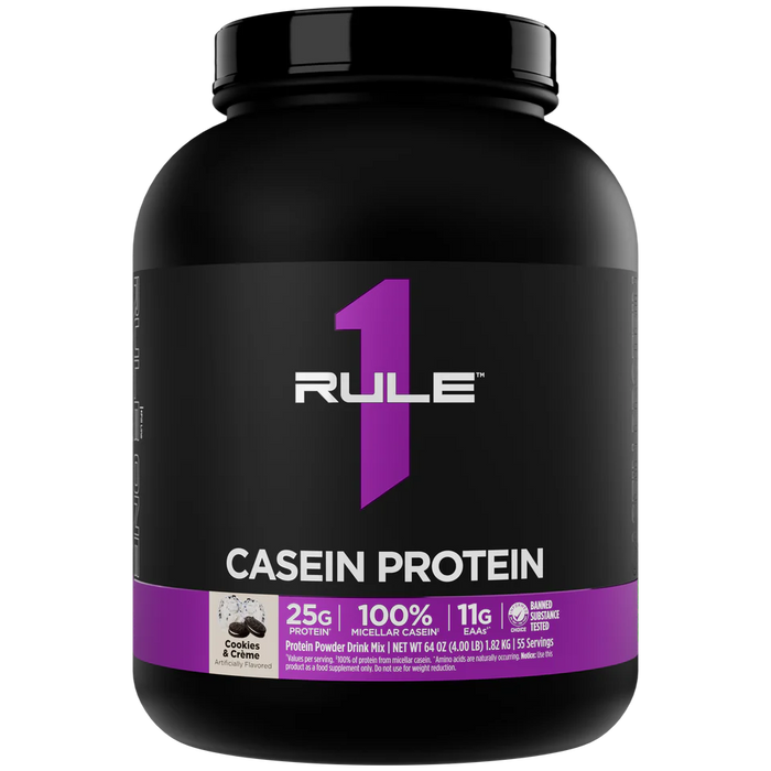 Rule One Casein Cookies & Creme 4 lb slow digesting casein protein powder front label 
