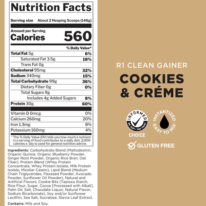 Rule 1 Clean Gainer supplement facts panel showing calories protein and carbs 30 Servings, Cookies &amp; Creme
