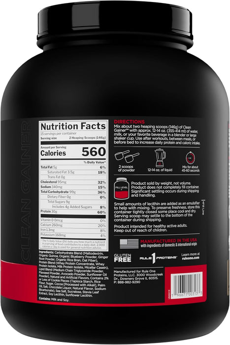 15 Servings, Cookies &amp; Creme Rule 1 Clean Gainer supplement facts panel showing calories protein and carbs