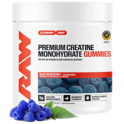 RAW Nutrition Creatine Gummies Blue Raspberry flavor front label featuring creatine monohydrate gummies for strength, power, muscle performance, and workout support.