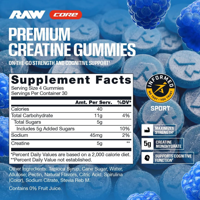 RAW Nutrition Creatine Gummies Blue Raspberry flavor supplement facts panel and ingredient information showing creatine gummy serving details and nutritional facts.