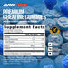RAW Nutrition Creatine Gummies Blue Raspberry flavor supplement facts panel and ingredient information showing creatine gummy serving details and nutritional facts.