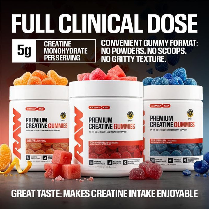 RAW Nutrition Creatine Gummies Blue Raspberry, Tangerine, and Watermelon flavors lined up together alongside supplement facts panel, showcasing the full creatine gummy flavor collection.